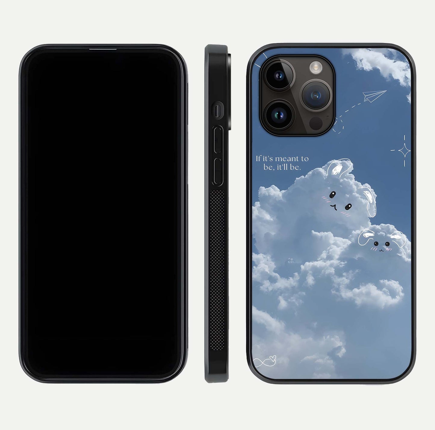 Cloud Bunny Dreams Glass Case for iPhone 14 Pro Max dual-view layout displaying aesthetic tones and smooth polish