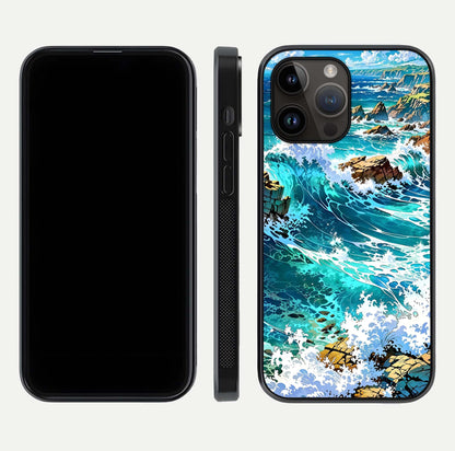 Coastal Blue Waves Glass Case for iPhone 14 Pro Max dual-view layout displaying sea tones and curved finish