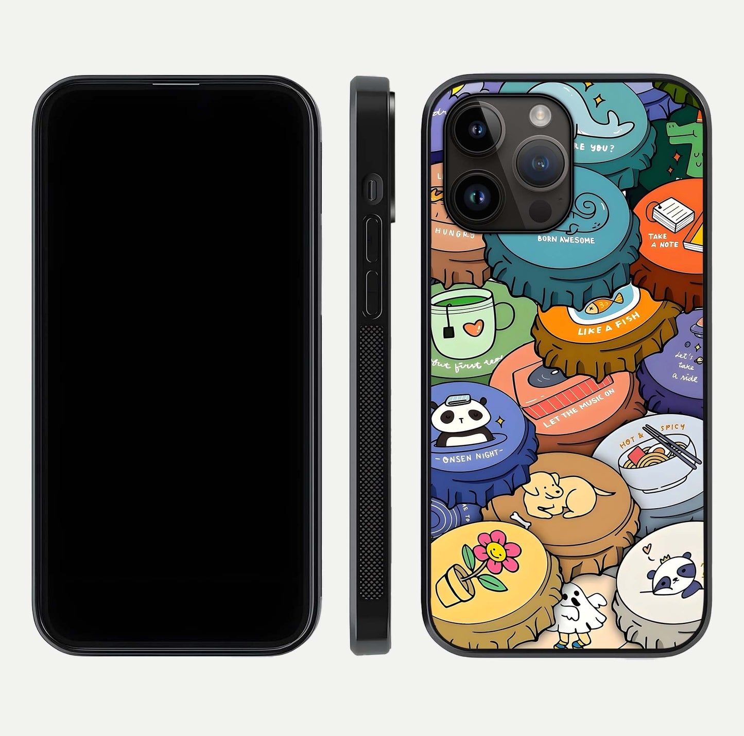 Coins Patterns Glass Case for iPhone 14 Pro Max dual-view layout displaying elegant art and glass clarity