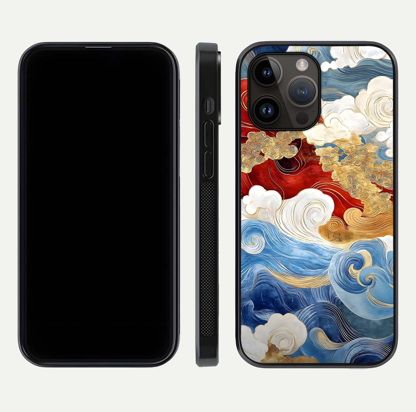 Colored Waves Glass Case for iPhone 14 Pro Max front & back layout showing smooth edges and vivid print tones