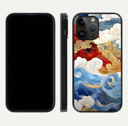 Colored Waves Glass Case for iPhone 14 Pro Max front & back layout showing smooth edges and vivid print tones