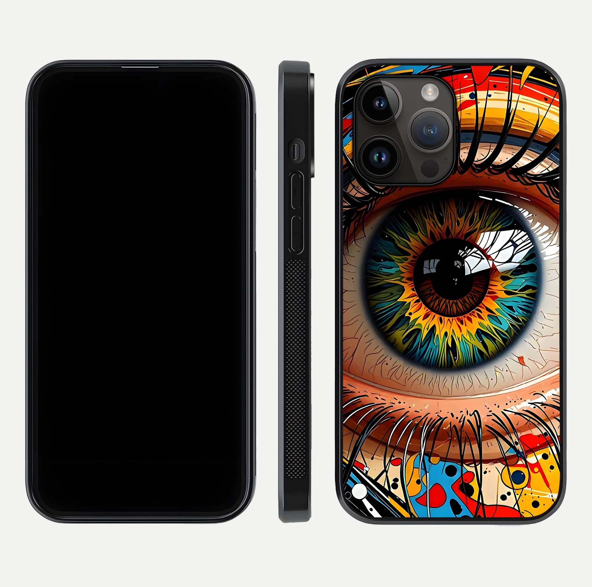 Colorful Eye Glass Case for iPhone 14 Pro Max dual-view layout displaying vivid tones and smooth glass edges