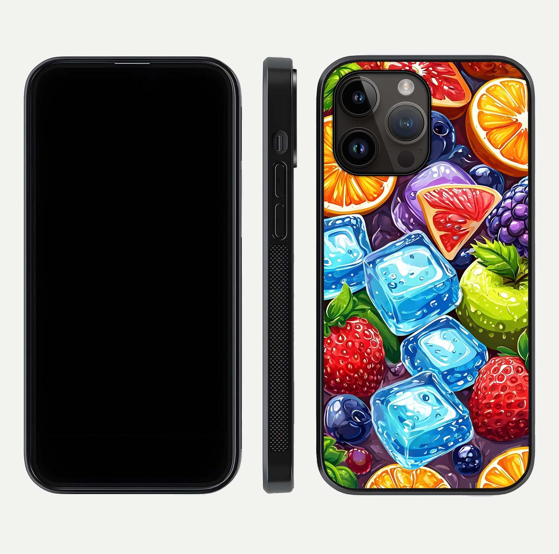Colorful Fruits with Ice Glass Case for iPhone 14 Pro Max dual-view layout showing fresh tones and polished edges