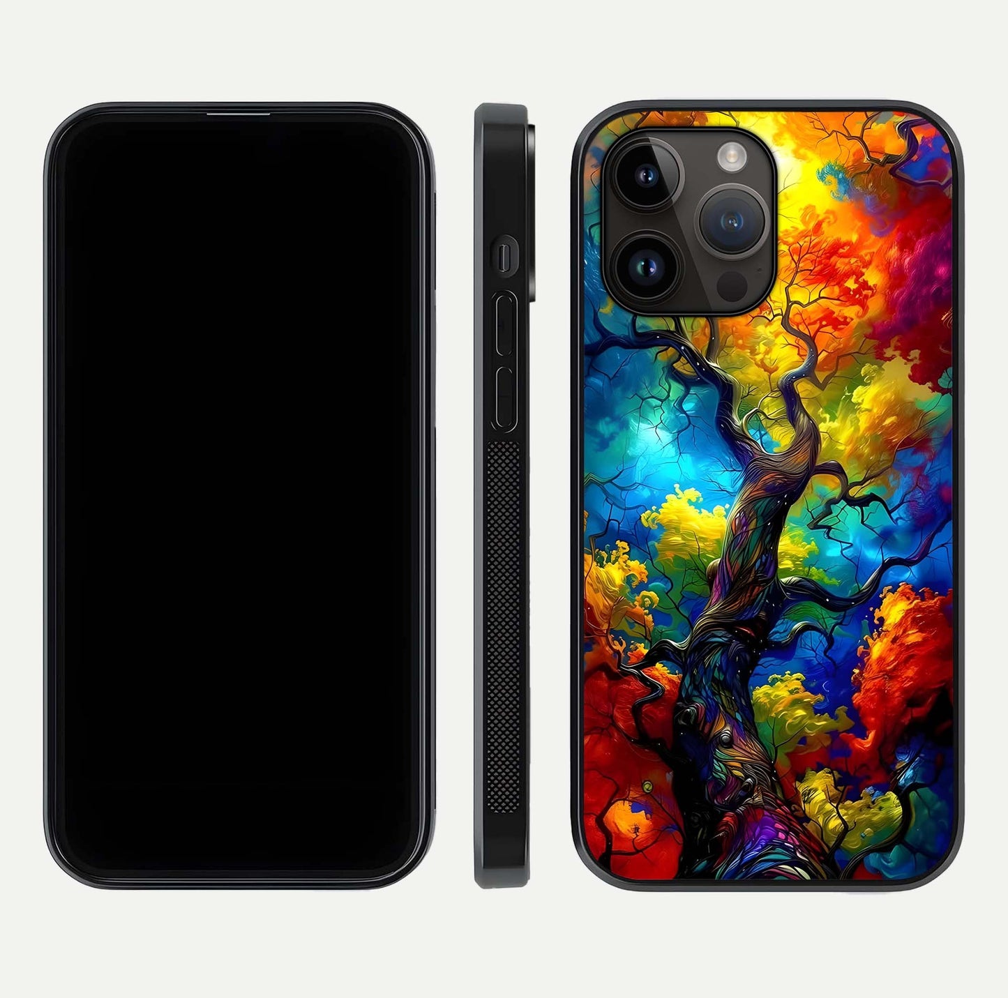 Colorful Tree Glass Case for iPhone 14 Pro Max dual-view layout displaying balanced tones and smooth edges