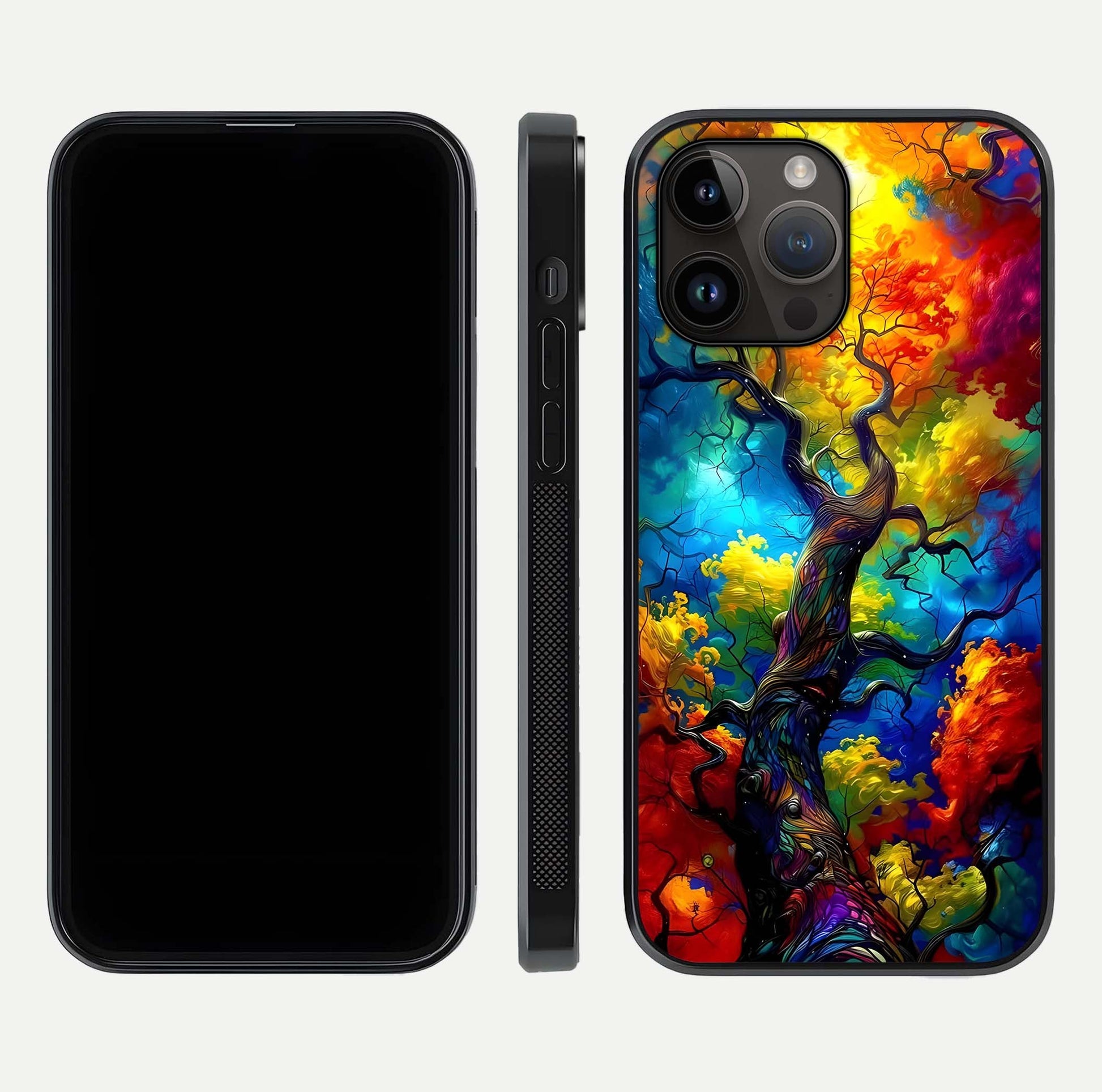 Colorful Tree Glass Case for iPhone 14 Pro Max dual-view layout displaying balanced tones and smooth edges