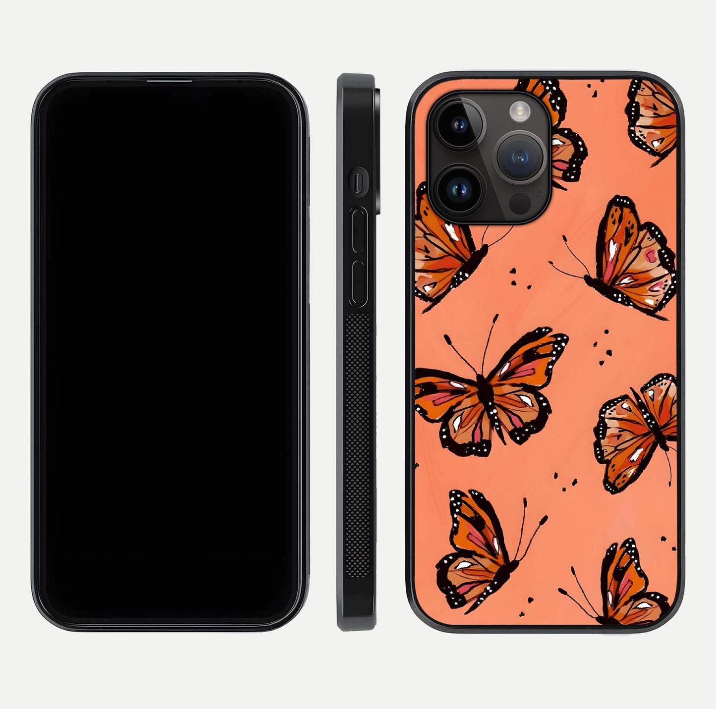 Coral Wing Butterfly Glass Case for iPhone 14 Pro Max dual-view layout displaying soft floral tones and curved edges