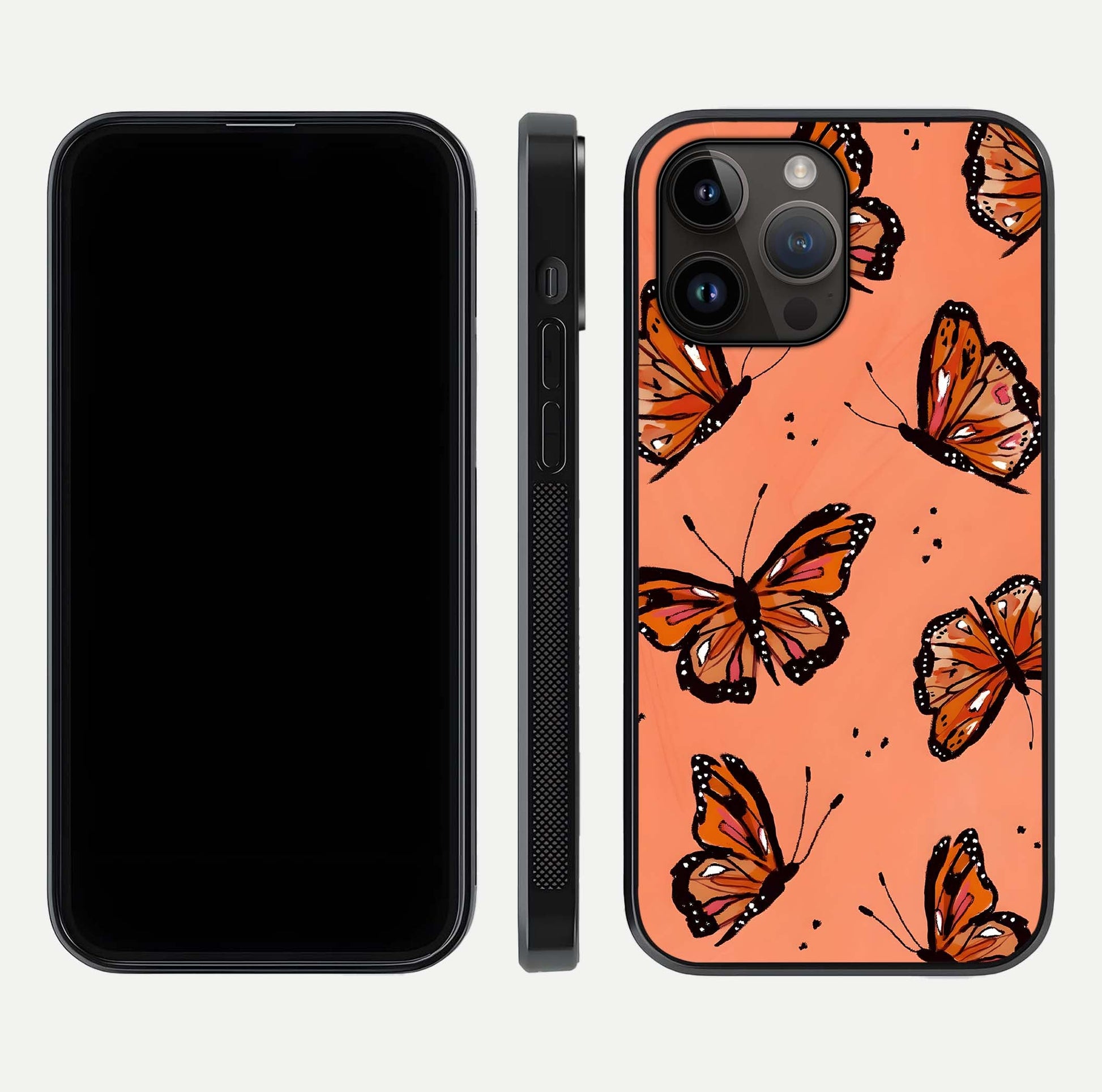 Coral Wing Butterfly Glass Case for iPhone 14 Pro Max dual-view layout displaying soft floral tones and curved edges