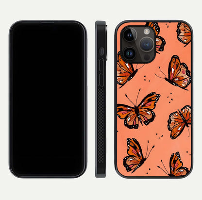 Coral Wing Butterfly Glass Case for iPhone 14 Pro Max dual-view layout displaying soft floral tones and curved edges