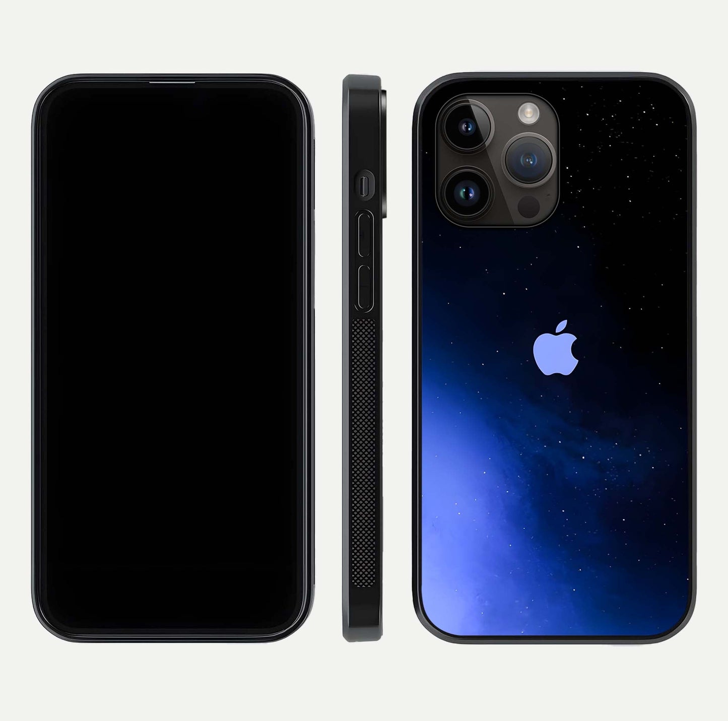Cosmic Blue Apple Glass Case for iPhone 14 Pro Max dual-view layout displaying cosmic tones and glass edges