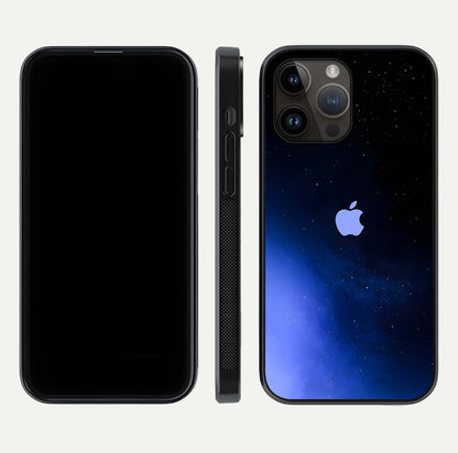 Cosmic Blue Apple Glass Case for iPhone 14 Pro Max dual-view layout displaying cosmic tones and glass edges
