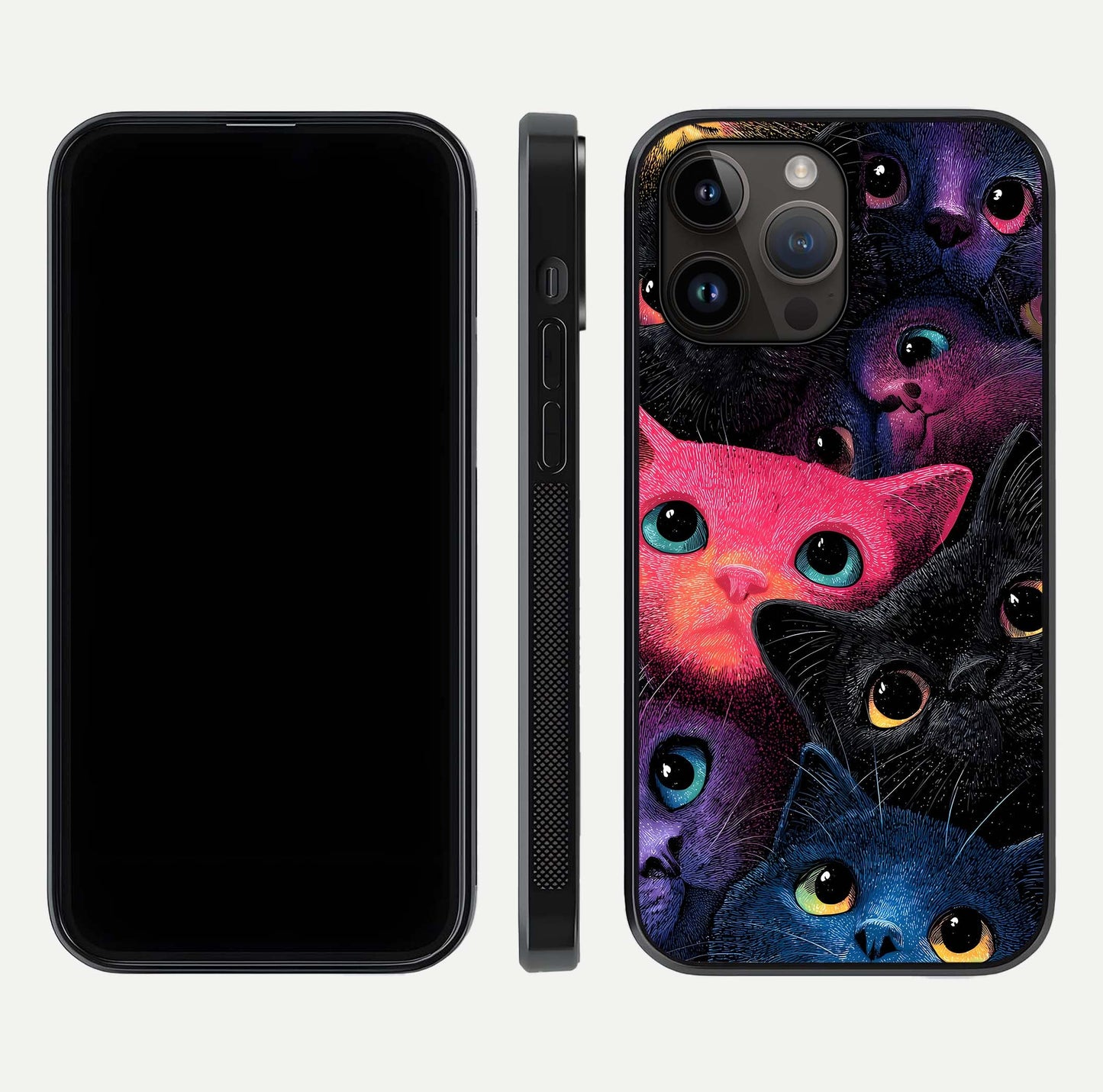 Cosmic Cats Dreams Glass Case for iPhone 14 Pro Max dual-view layout displaying HD print and glossy shine