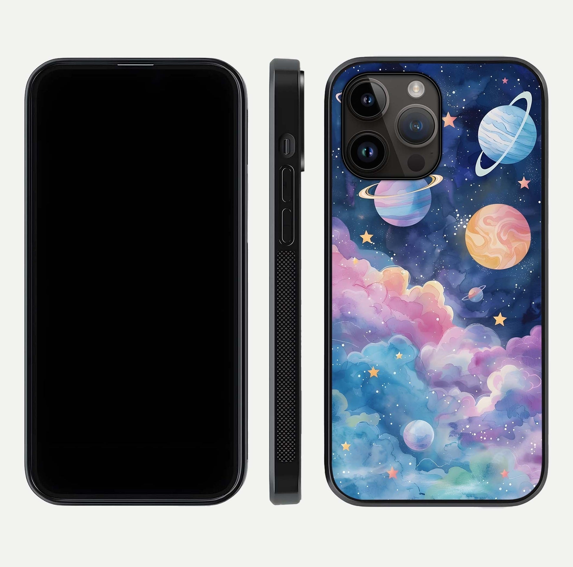 Cosmic Planet Dreams Glass Case for iPhone 14 Pro Max dual-view layout displaying galaxy colors and curved finish
