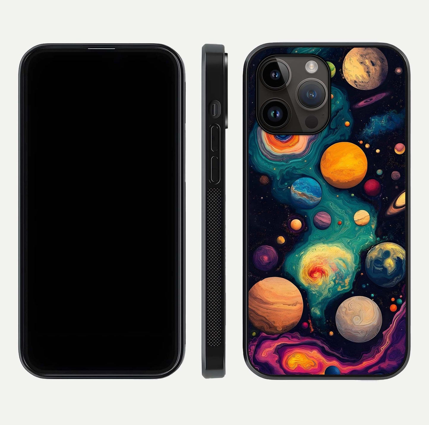Cosmic Planet Journey Glass Case for iPhone 14 Pro Max dual-view layout displaying colorful cosmic balance