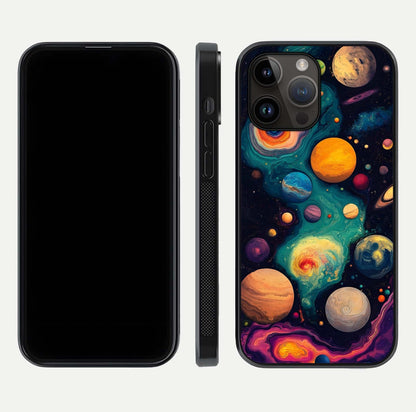 Cosmic Planet Journey Glass Case for iPhone 14 Pro Max dual-view layout displaying colorful cosmic balance