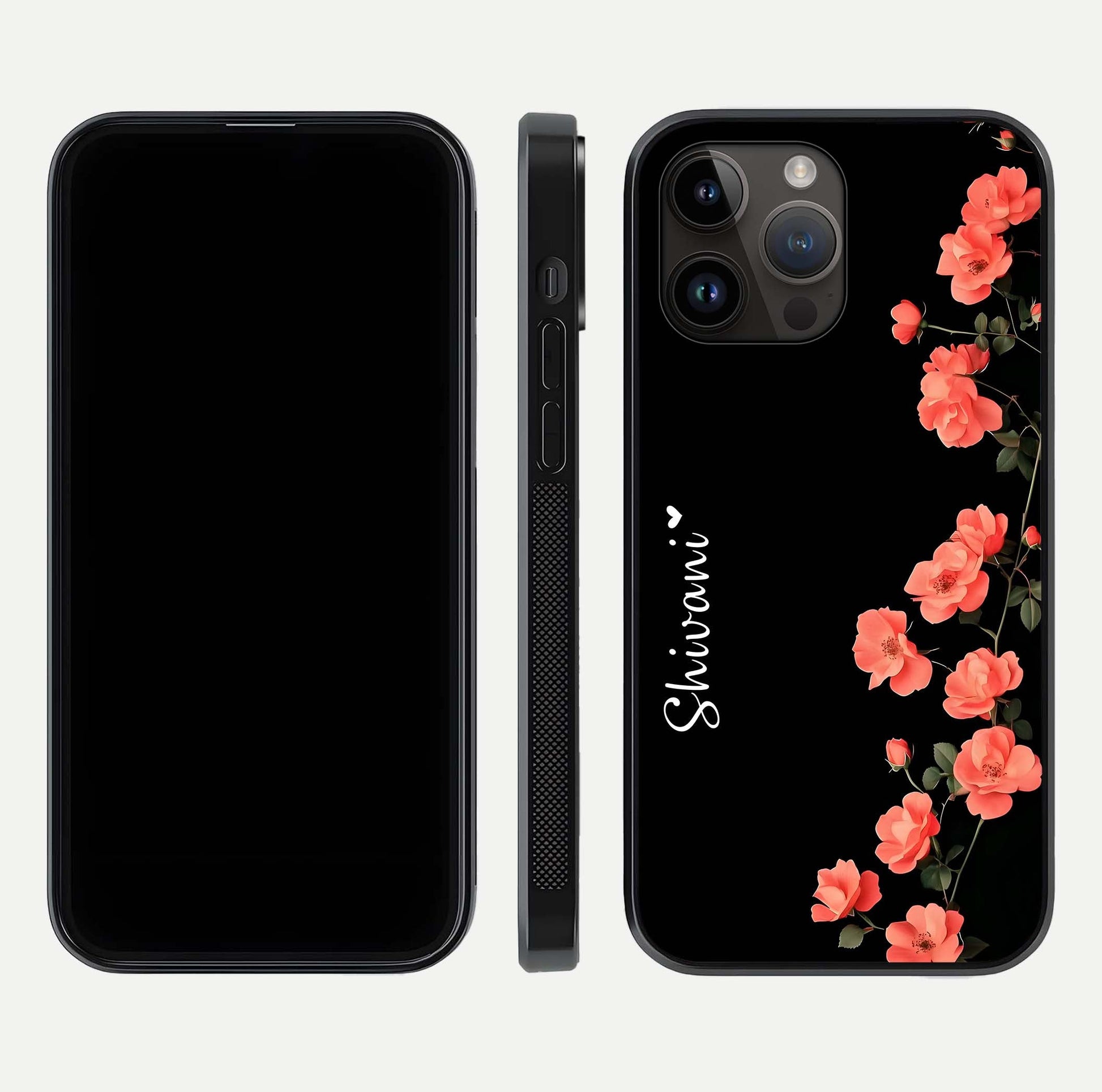 Crimson Bloom Grace Custom Name Glass Case for iPhone 14 Pro Max dual-view layout displaying custom text and smooth curved edges