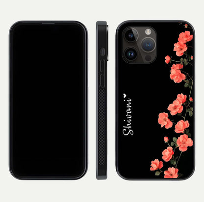 Crimson Bloom Grace Custom Name Glass Case for iPhone 14 Pro Max dual-view layout displaying custom text and smooth curved edges