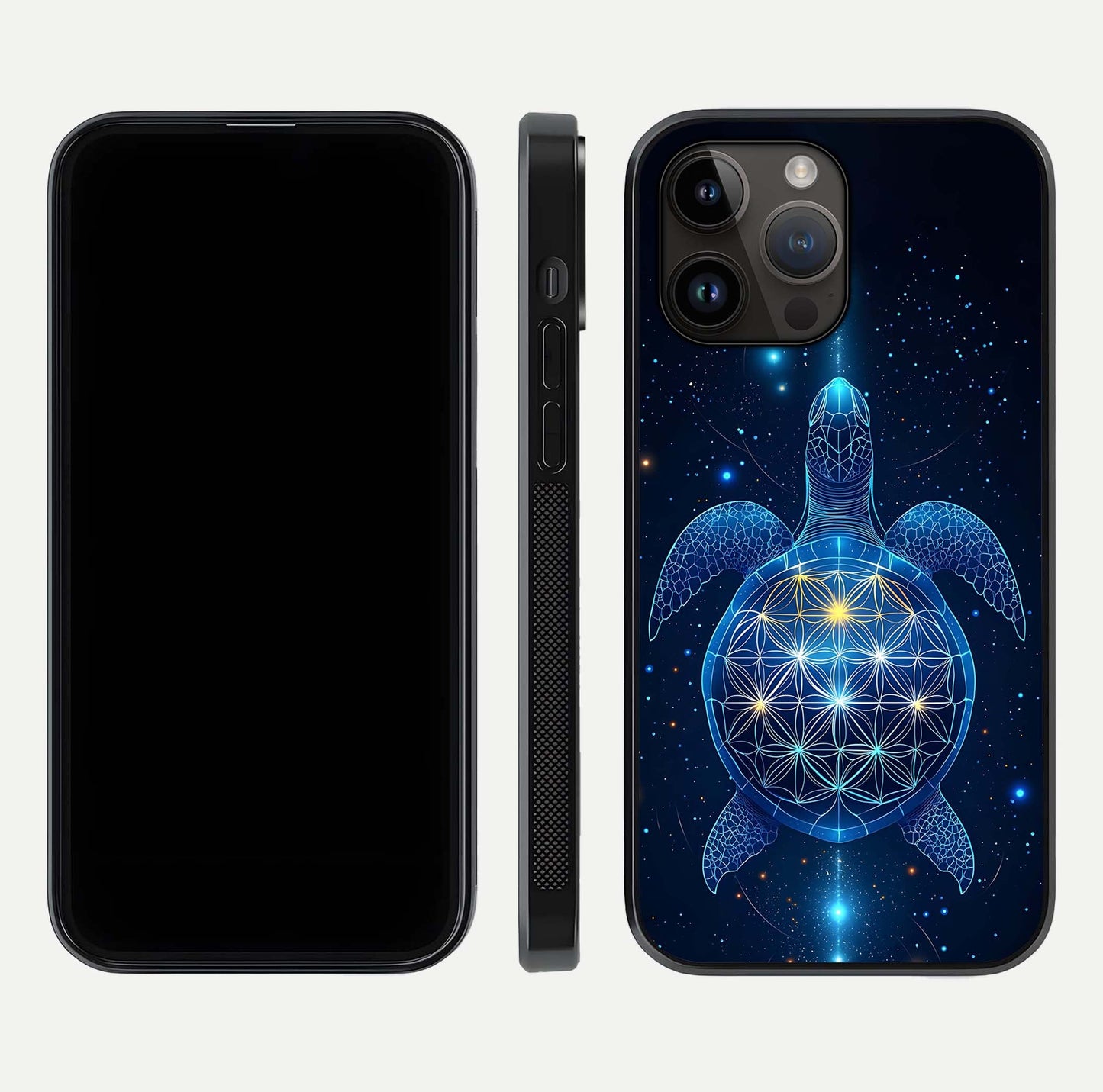 Crimson Blue Turtle Glass Case for iPhone 14 Pro Max dual-view layout displaying ocean tones and HD finish
