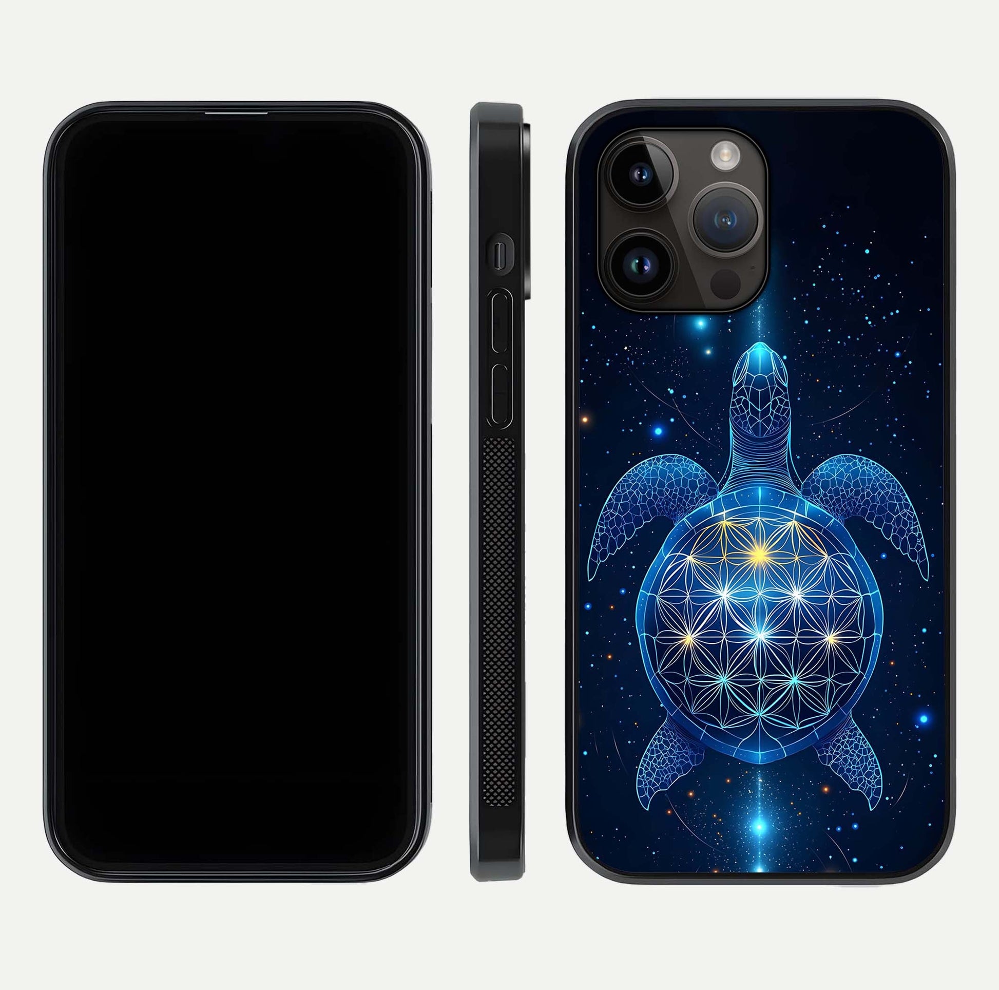 Crimson Blue Turtle Glass Case for iPhone 14 Pro Max dual-view layout displaying ocean tones and HD finish