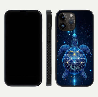 Crimson Blue Turtle Glass Case for iPhone 14 Pro Max dual-view layout displaying ocean tones and HD finish