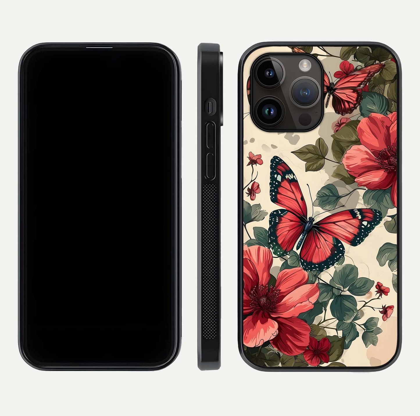 Crimson Butterfly Garden Glass Case for iPhone 14 Pro Max dual-view layout displaying floral patterns and edge finish