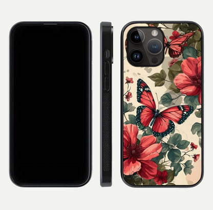 Crimson Butterfly Garden Glass Case for iPhone 14 Pro Max dual-view layout displaying floral patterns and edge finish
