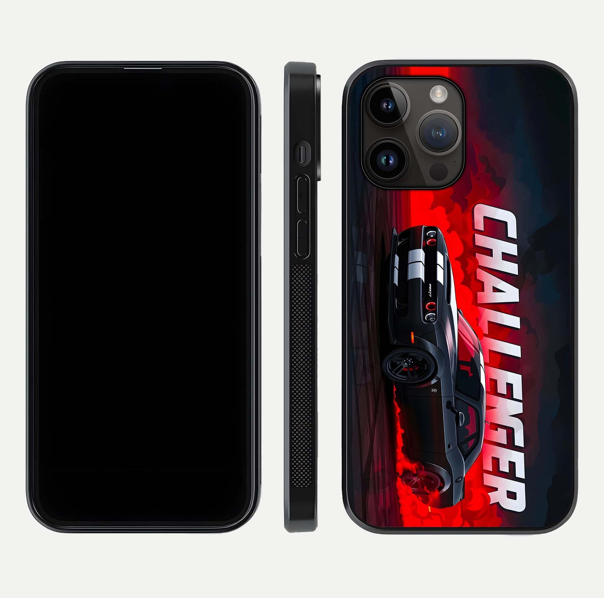 Crimson Challenger Fury Glass Case for iPhone 14 Pro Max dual-view layout displaying bold tones and edge polish