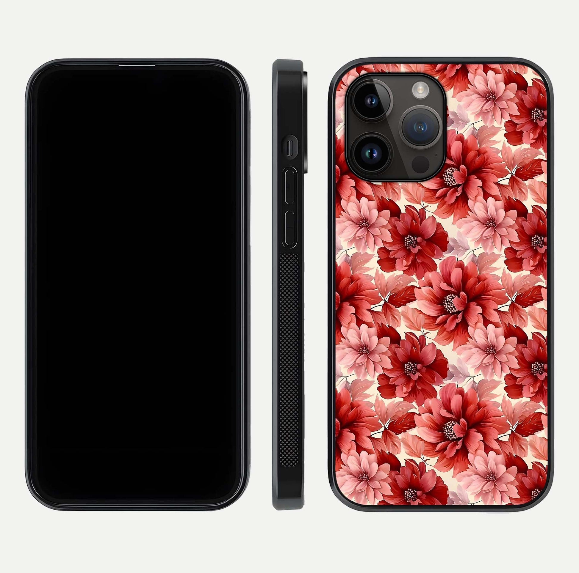 Crimson Love Petals Glass Case for iPhone 14 Pro Max dual-view layout displaying floral charm and curved glass