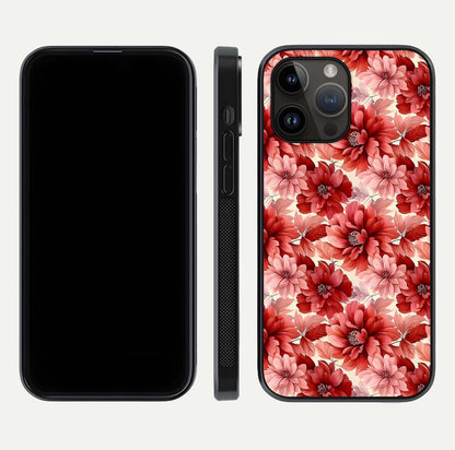 Crimson Love Petals Glass Case for iPhone 14 Pro Max dual-view layout displaying floral charm and curved glass