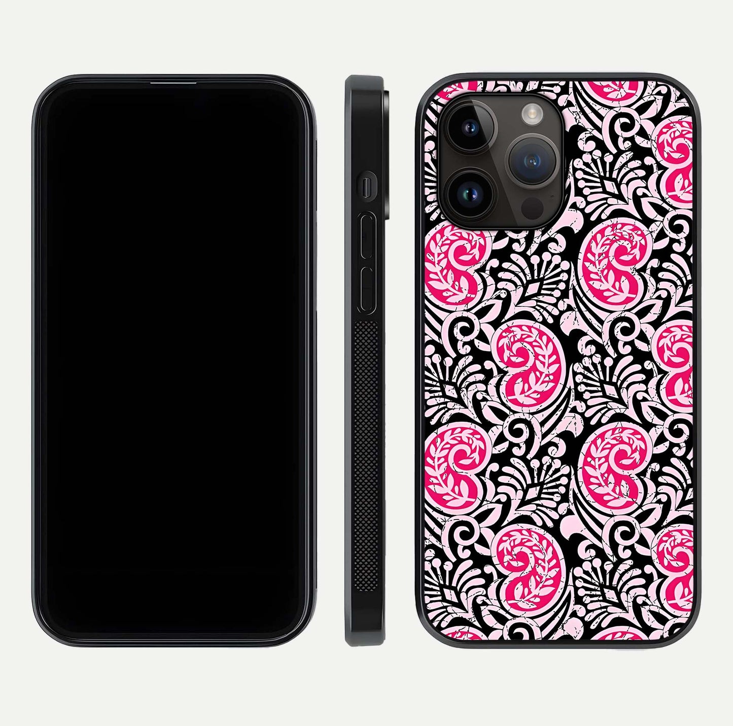 Crimson Paisley Charm Glass Case for iPhone 14 Pro Max dual-view layout displaying HD print and curved polish