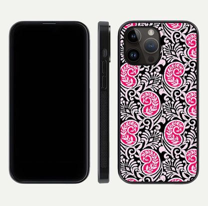 Crimson Paisley Charm Glass Case for iPhone 14 Pro Max dual-view layout displaying HD print and curved polish