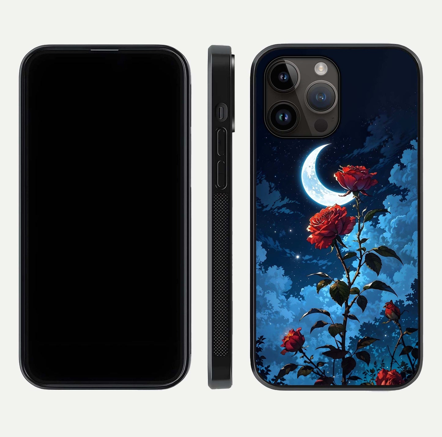 Crimson Rose Moon Glass Case for iPhone 14 Pro Max dual-view layout displaying red tones and soft gloss