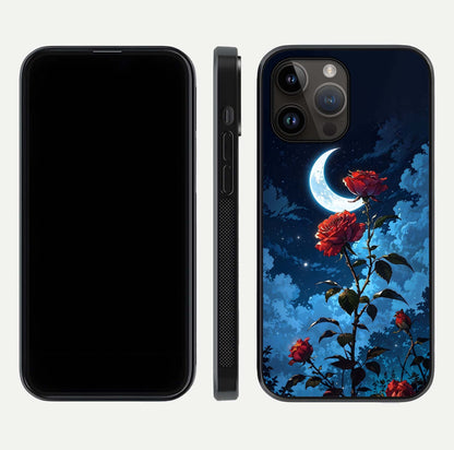 Crimson Rose Moon Glass Case for iPhone 14 Pro Max dual-view layout displaying red tones and soft gloss