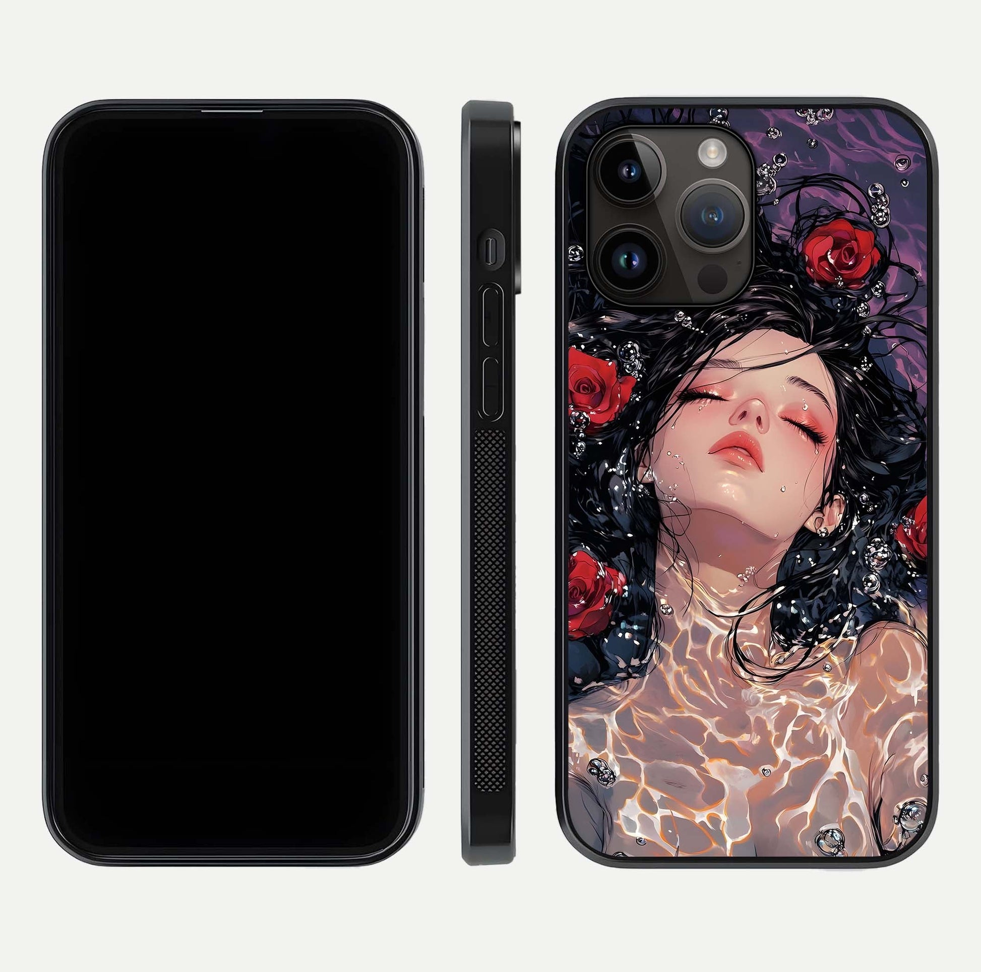 Crimson Rose Serenity Glass Case for iPhone 14 Pro Max dual-view layout displaying serenity tones and curved glass