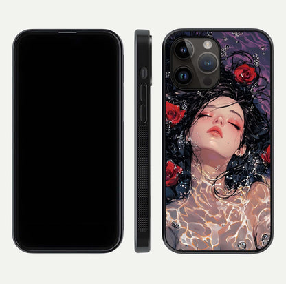 Crimson Rose Serenity Glass Case for iPhone 14 Pro Max dual-view layout displaying serenity tones and curved glass