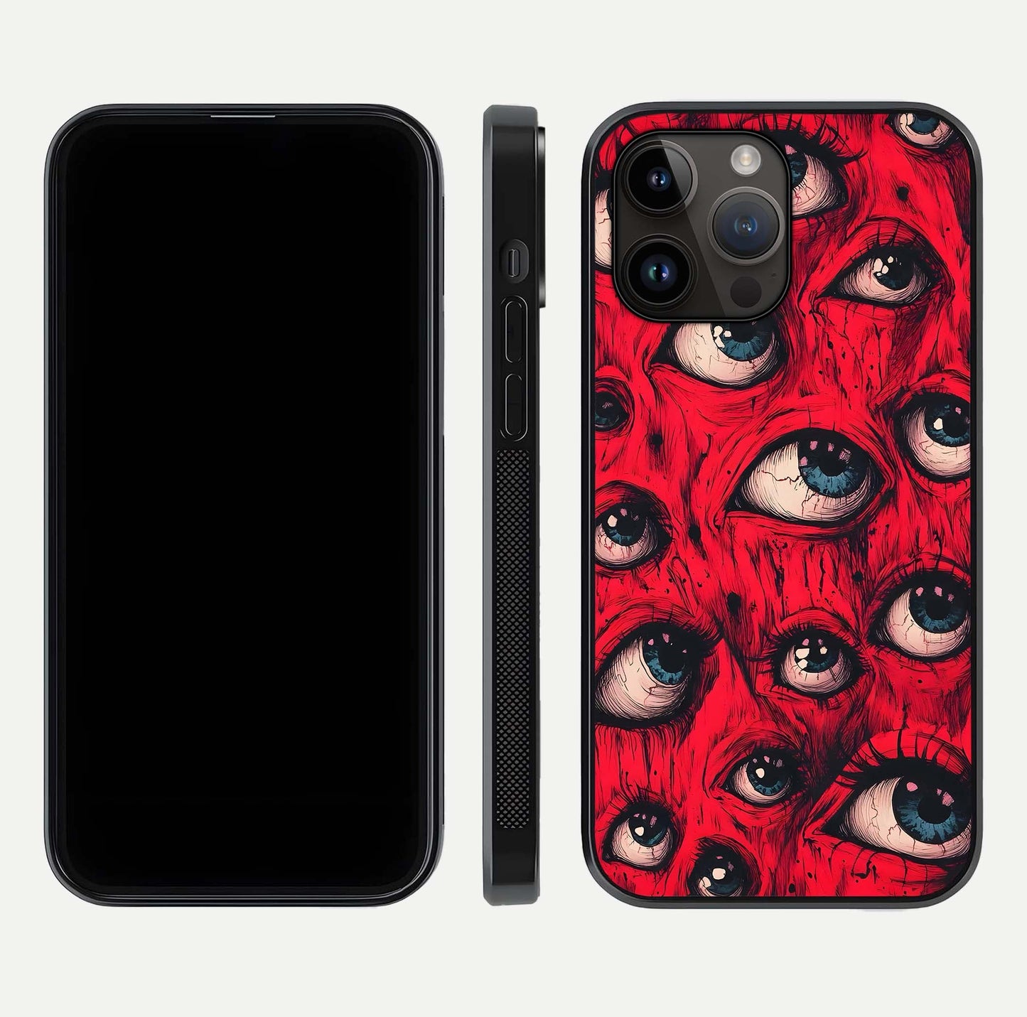 Crimson Watch Eyes Glass Case for iPhone 14 Pro Max dual-view layout displaying abstract tones and curved edges