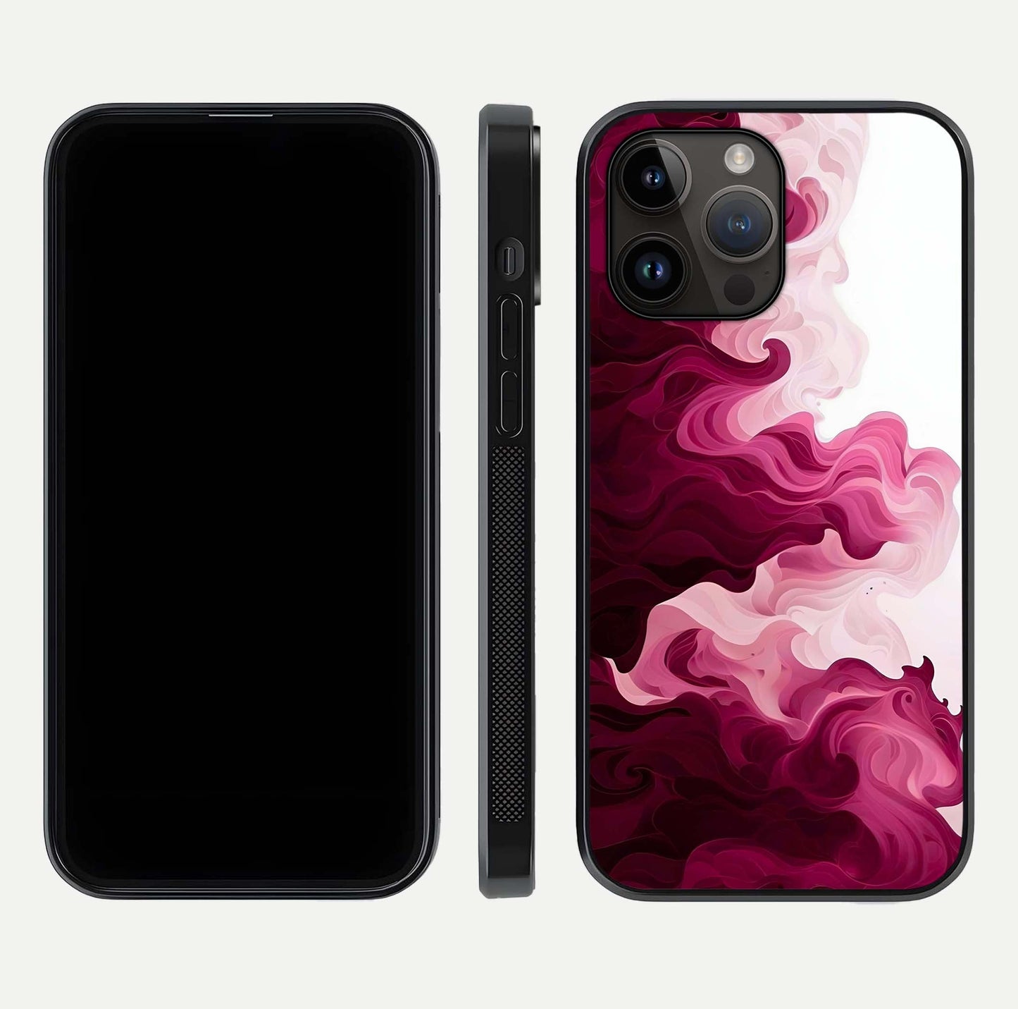 Crimson Wave Flow Glass Case for iPhone 14 Pro Max dual-view layout displaying curved wave art and polished surface