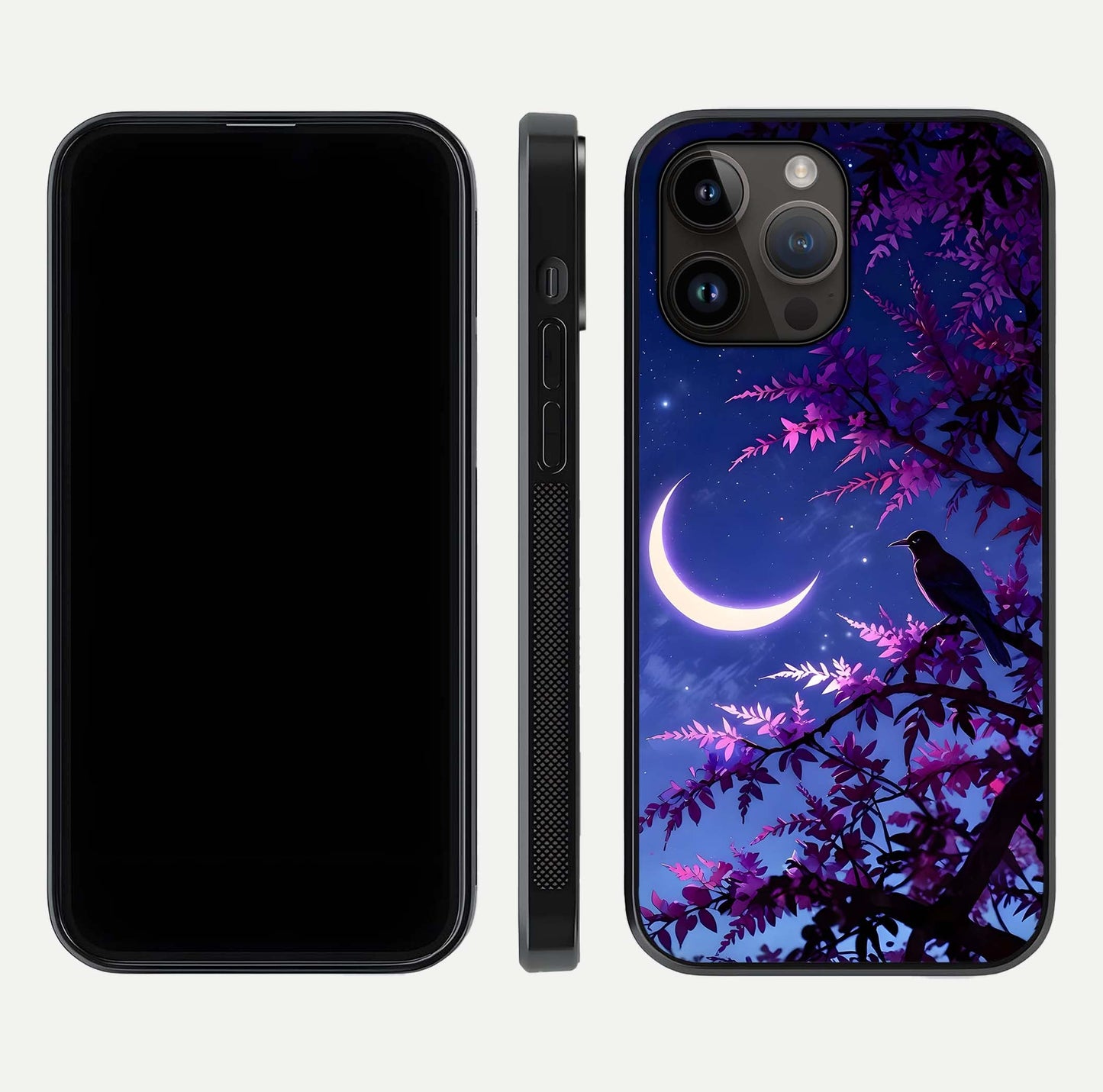 Crow & Moon Scenery Glass Case for iPhone 14 Pro Max dual-view layout displaying night sky art and curved glass edges