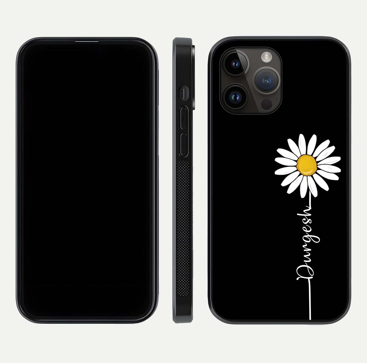 Custom Name White Flower Glass Case for iPhone 14 Pro Max dual-view layout showing elegant floral tone and curved edge finish