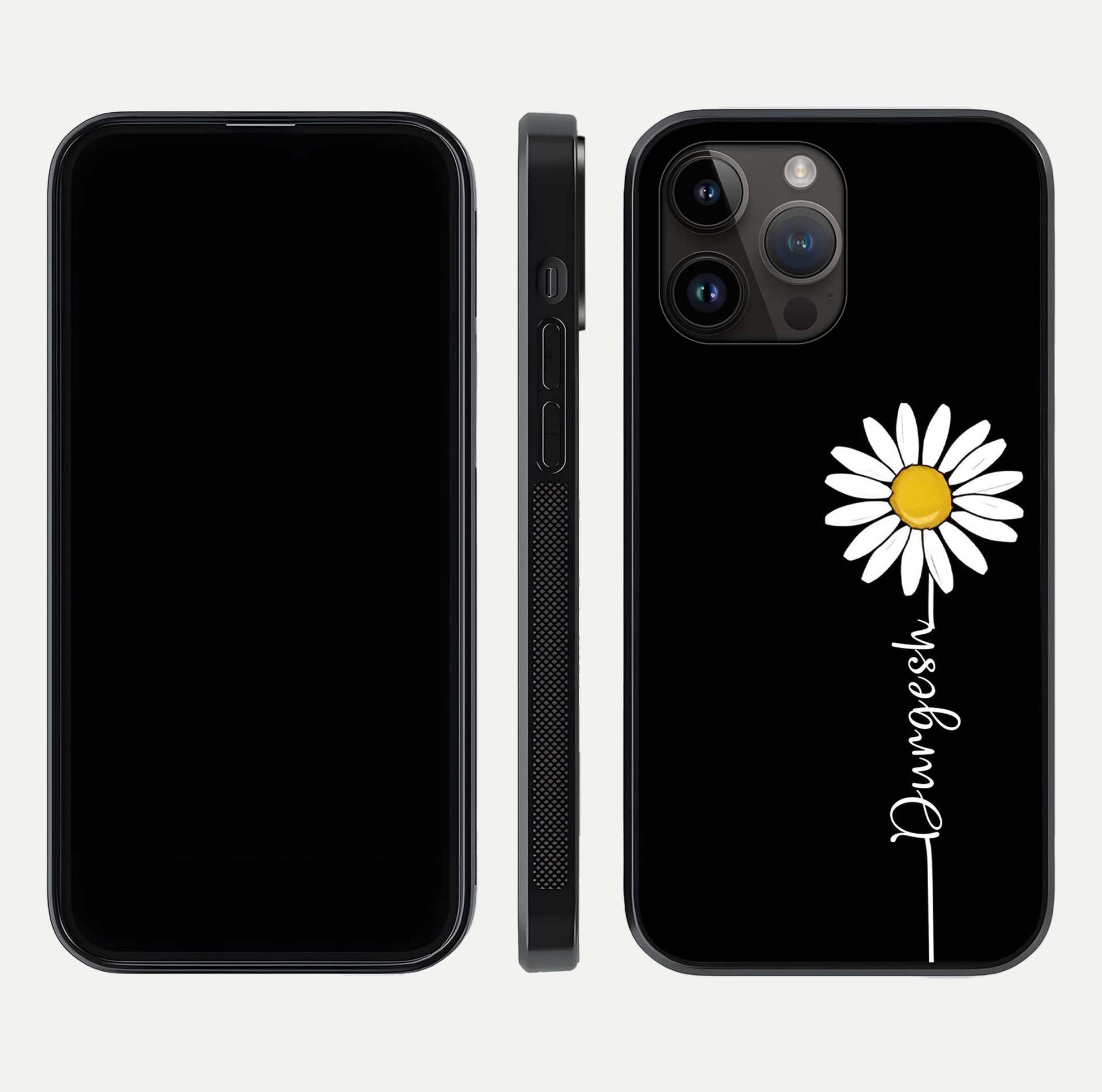 Custom Name White Flower Glass Case for iPhone 14 Pro Max dual-view layout showing elegant floral tone and curved edge finish