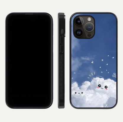 Cute Blossom Cloud Glass Case for iPhone 14 Pro Max dual-view layout displaying cute floral clouds and polished edge