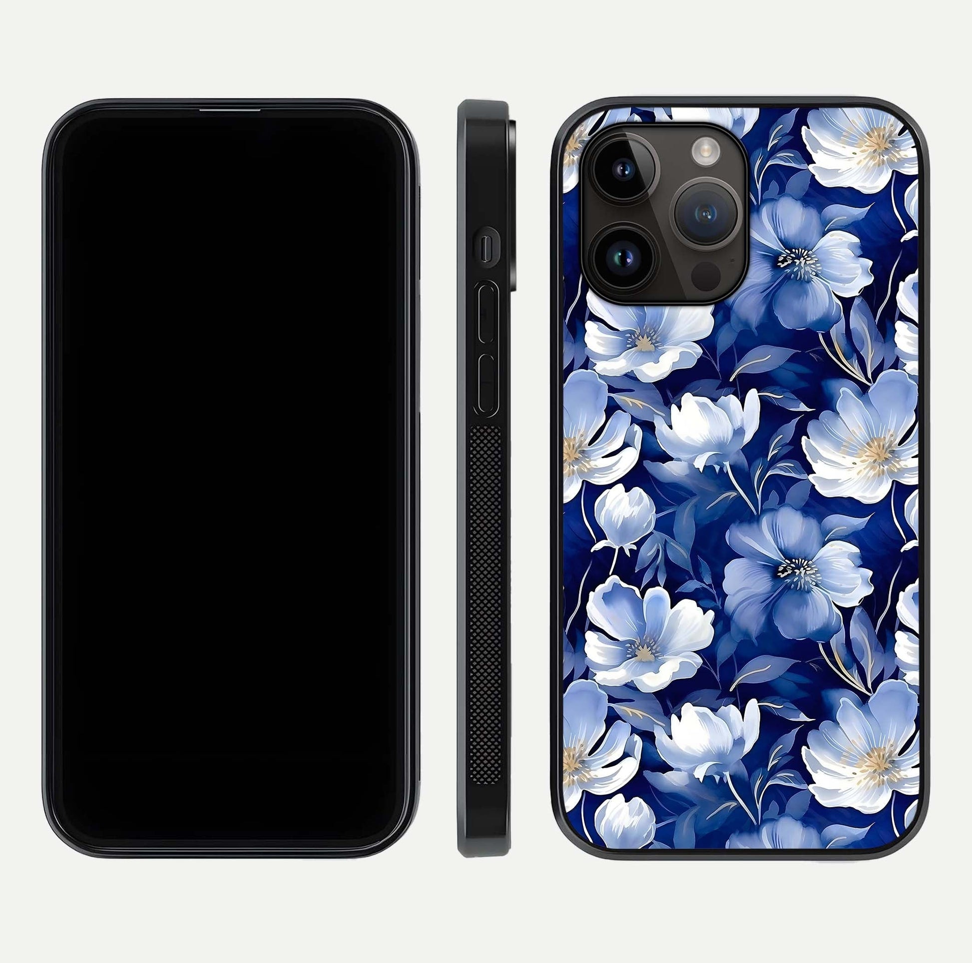 Cute Floral Patterns Glass Case for iPhone 14 Pro Max dual-view layout displaying HD floral print and curved edges