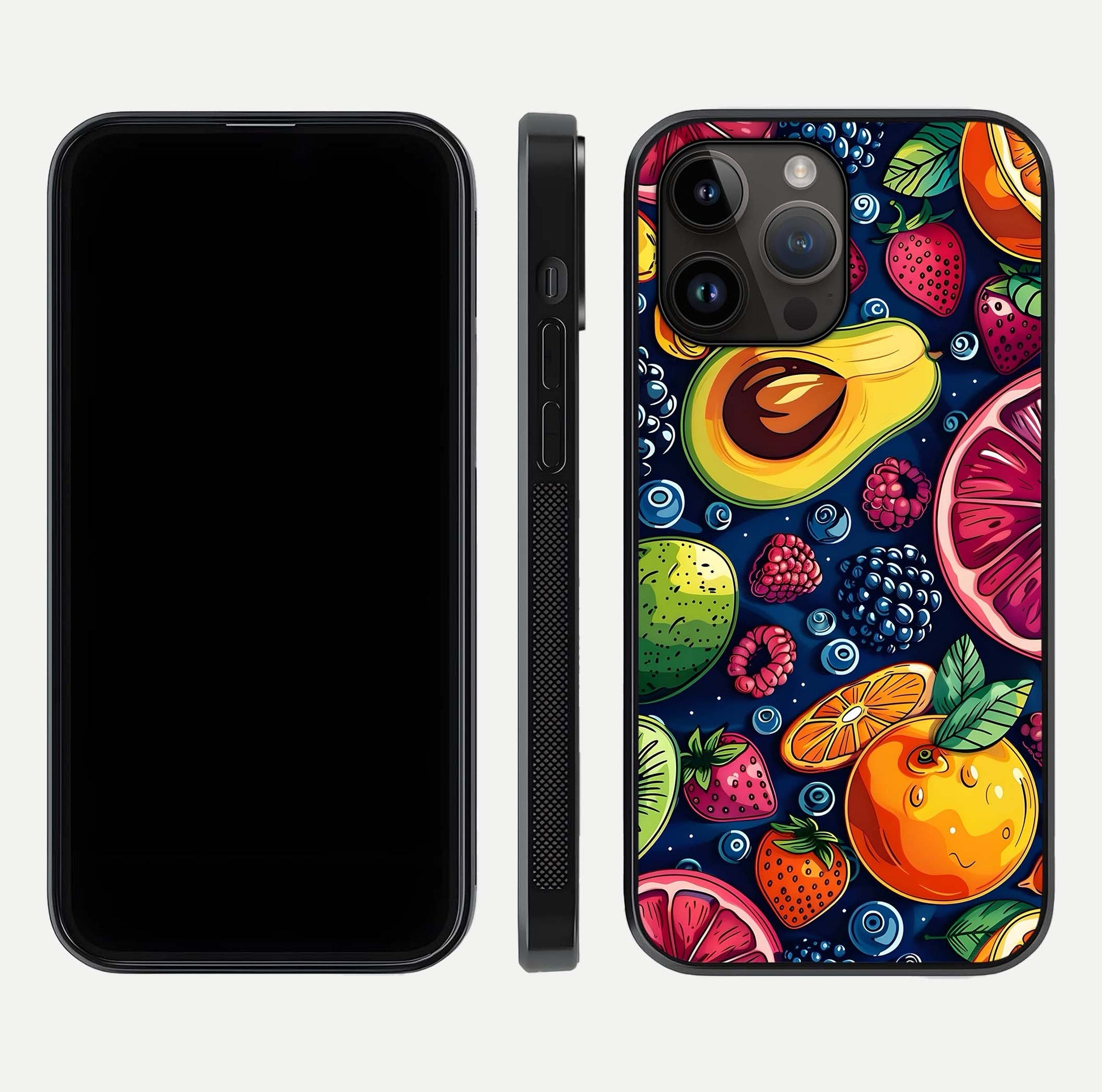 Cute Fruits Art Glass Case for iPhone 14 Pro Max dual-view layout displaying playful tones and curved design