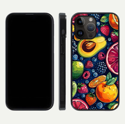 Cute Fruits Art Glass Case for iPhone 14 Pro Max dual-view layout displaying playful tones and curved design