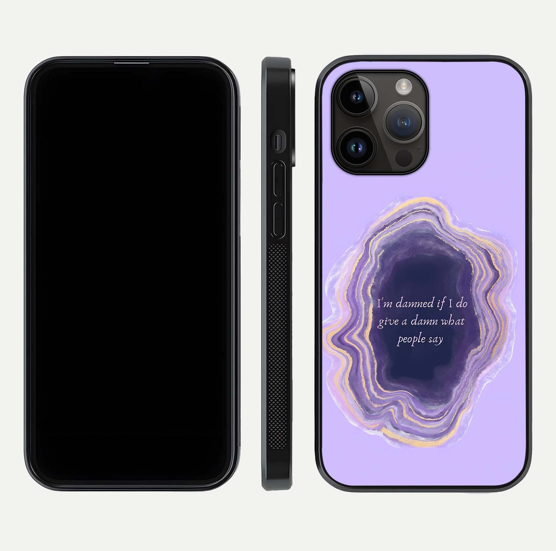 Damned People Quote Glass Case for iPhone 14 Pro Max dual-view layout displaying modern print and glass clarity