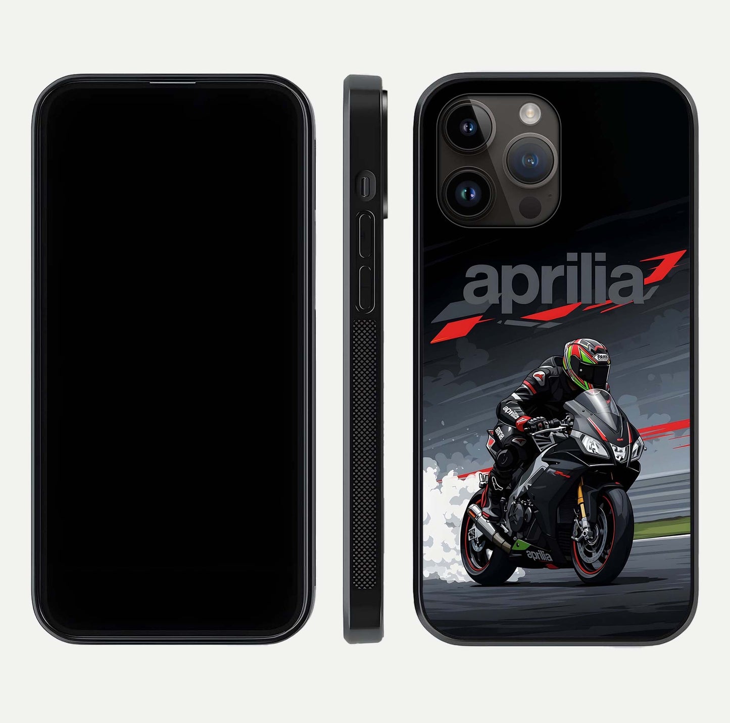 Dark Aprilla Glass Case for iPhone 14 Pro Max dual-view layout displaying sleek racing look and HD shine