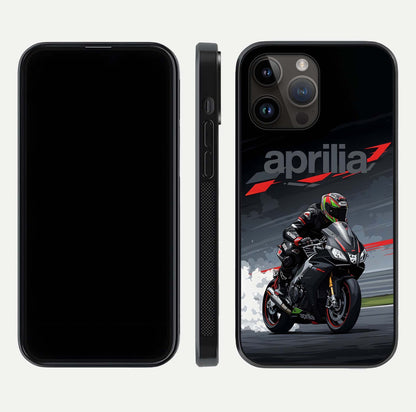 Dark Aprilla Glass Case for iPhone 14 Pro Max dual-view layout displaying sleek racing look and HD shine