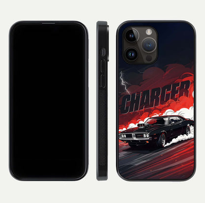 Dark Charger Fury Glass Case for iPhone 14 Pro Max dual-view layout displaying HD design and polished edges