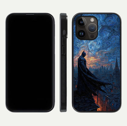 Dark Knight Dusk Glass Case for iPhone 14 Pro Max dual-view layout displaying HD hero print and curved glass edges