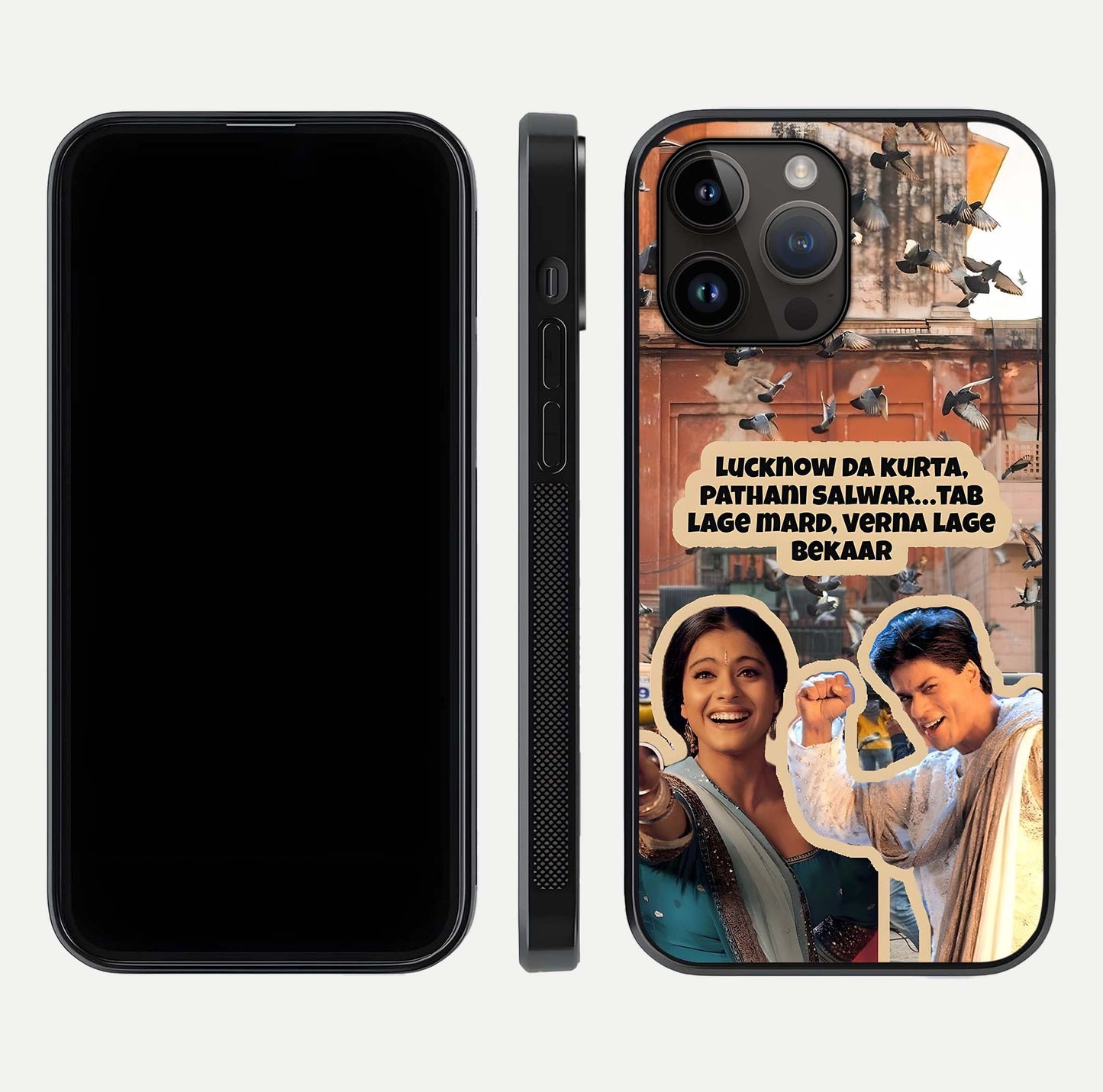Desi Retro Vibes Glass Case for iPhone 14 Pro Max dual-view layout showing nostalgic design and smooth glass curve