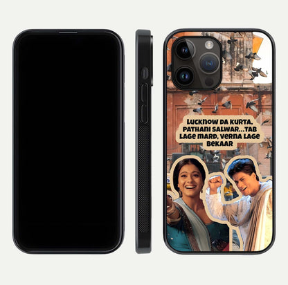 Desi Retro Vibes Glass Case for iPhone 14 Pro Max dual-view layout showing nostalgic design and smooth glass curve